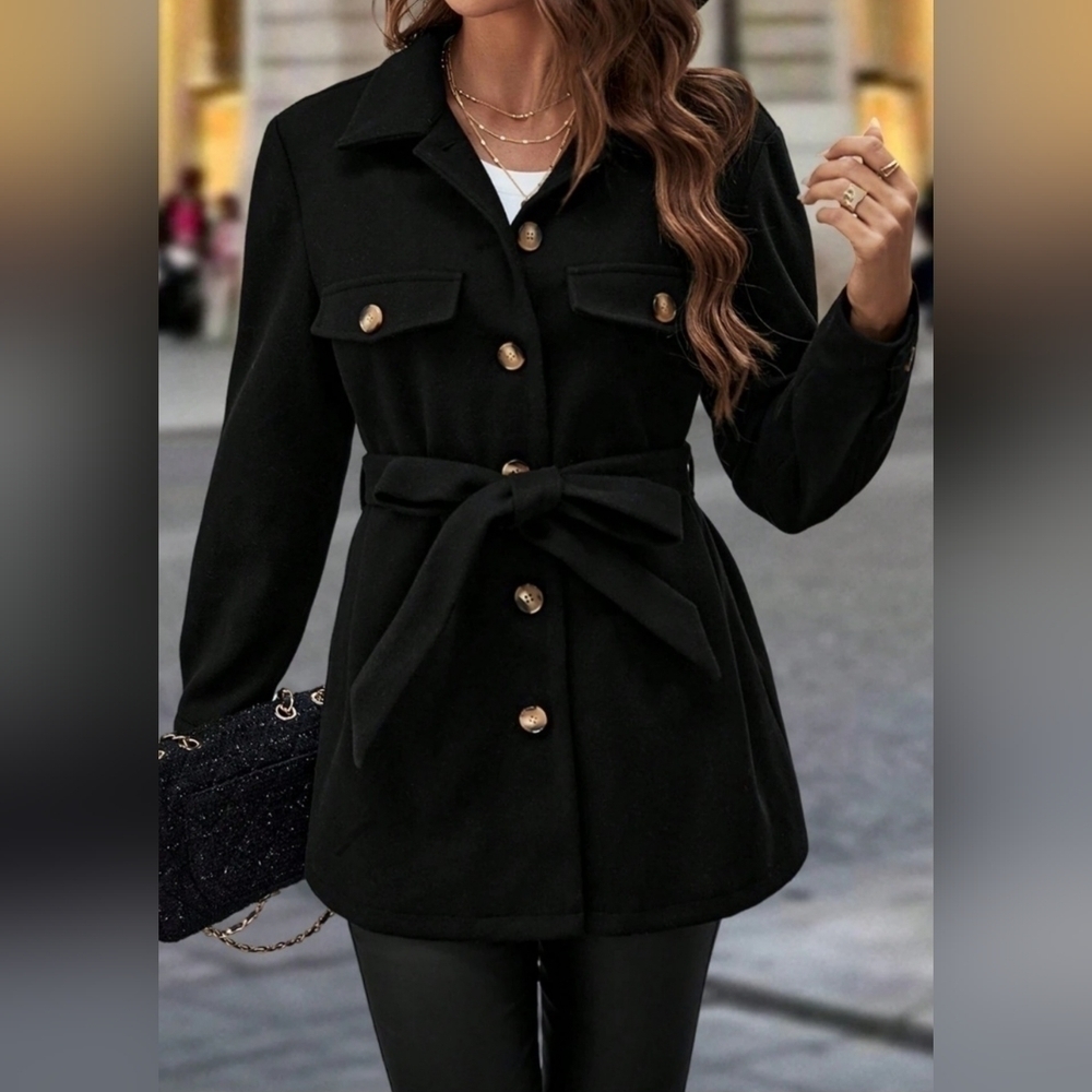 SHEIN Clasi Flap Detail Single Breasted Belted Overcoat